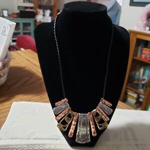 Eclectic Silvertone, Goldtone, and Coppertone Trapezoid Necklace and Earrings